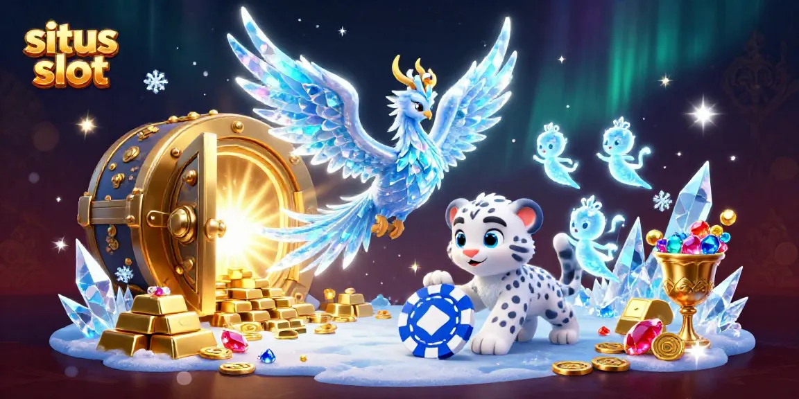 Experience thrilling gameplay at situs slot with a majestic ice phoenix and playful snow leopard in a vibrant casino scene.