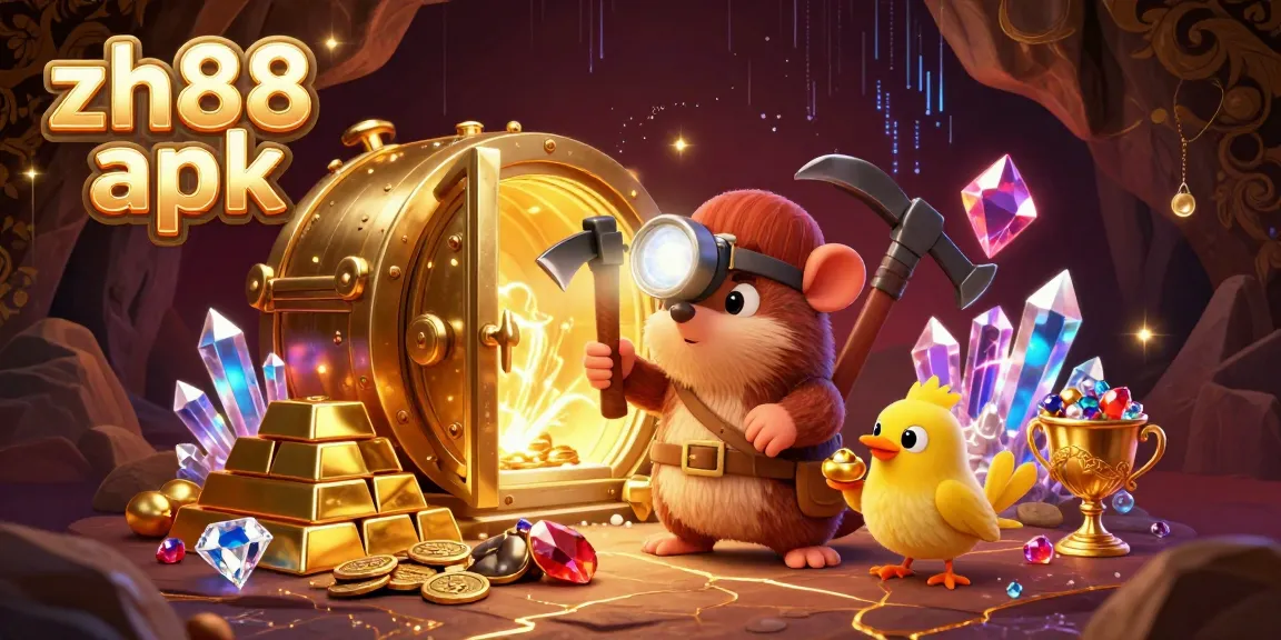 Experience winning excitement with the zh88 apk, showcasing a treasure hunter mole and glowing gems in a vibrant casino scene.