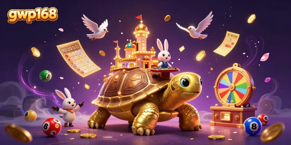 Permainan gwp168 yang seru dengan karakter unik, bola lotere, dan efek uang yang mengalir.