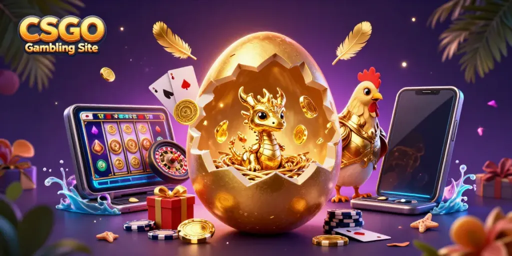 Experience thrilling gameplay at CSGO Gambling Site with a golden dragon and poker elements in a vibrant 3D scene.