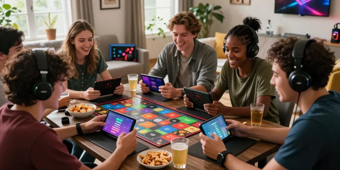 Friends enjoying 3patti-ok game night, laughing and strategizing with devices and snacks.