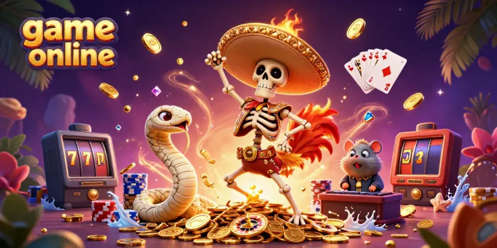 Join the fun with game online featuring a victorious mariachi rooster, golden coins, and a spinning roulette wheel.