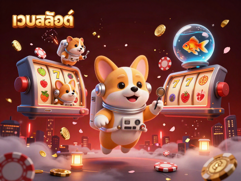 Engaging scene of เว็บสล็อต in a space casino with floating corgi, hamster, and goldfish amidst poker chips.