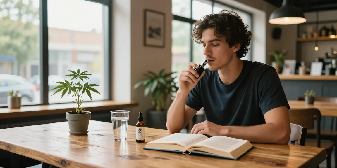 Legal vaping age in Cyprus emphasized with positive vaping experience in a modern café setting, featuring CBD oil and hemp plant for wellness.