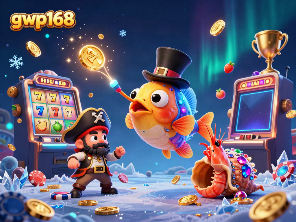 GWP168 menampilkan slot dan jackpot dengan anglerfish dan aksesoris kasino yang menarik.