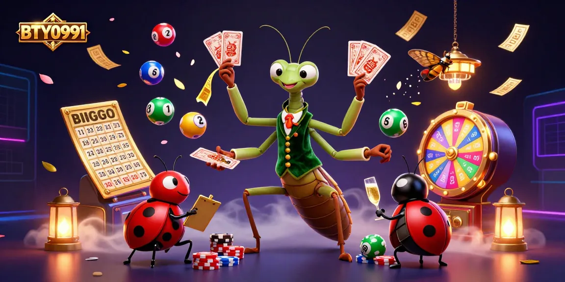 Engaging BTY0991 illustration featuring a cartoon mantis dealing cards in a vibrant casino scene.
