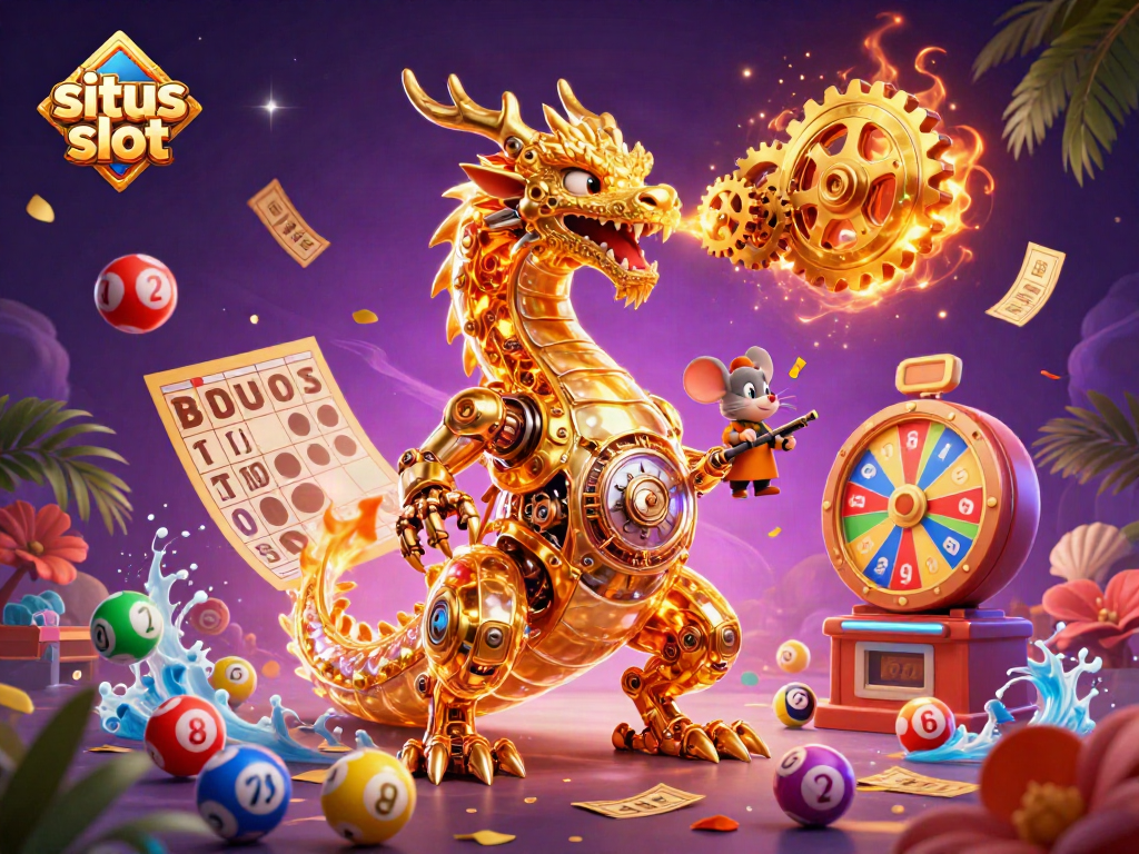 Experience thrilling situs slot action with a golden dragon and vibrant lottery elements in a magical casino scene.