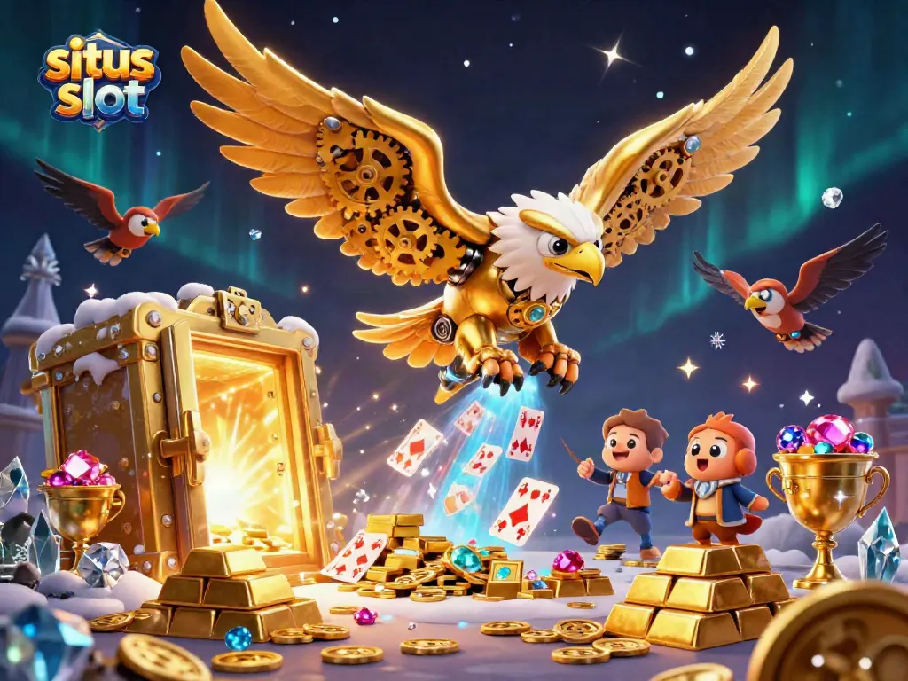 Gambarkan situs slot yang menarik dengan elang sibernetik dan kartu holografik