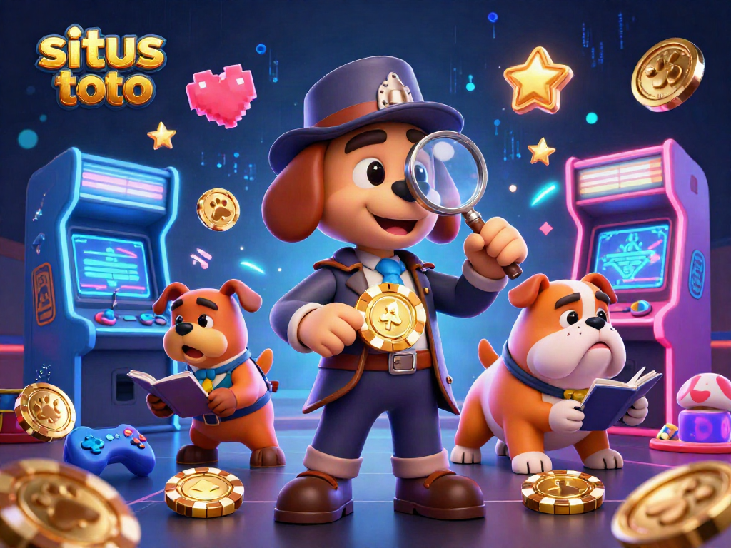 Situs toto online gaming adventure with cartoon detective and bulldog exploring clues.