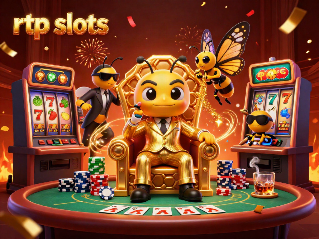 Engaging scene with rtp slots and vibrant illustrations of characters, casino elements, and slot machines.
