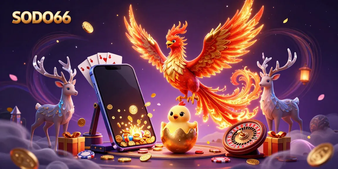 SODO66 engages players with a vibrant 3D illustration of a soaring phoenix, golden coins, and a colorful slot game.