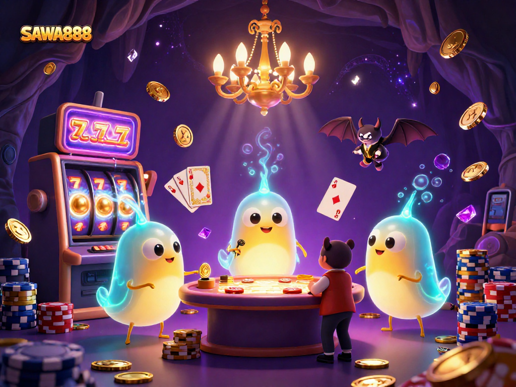 Experience the fun of SAWA888's vibrant online slot gaming with bioluminescent glowworms and golden coins.