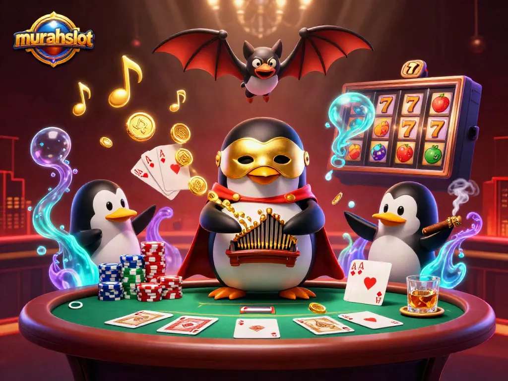 Murahslot menghadirkan penguin opera dan bat akrobat di kasino dengan koin emas terbang.