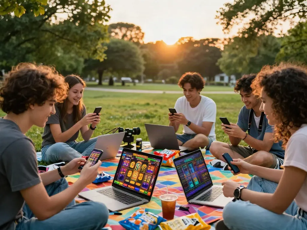 Friends enjoying slot gacor games together outdoors in a sunset park setting.