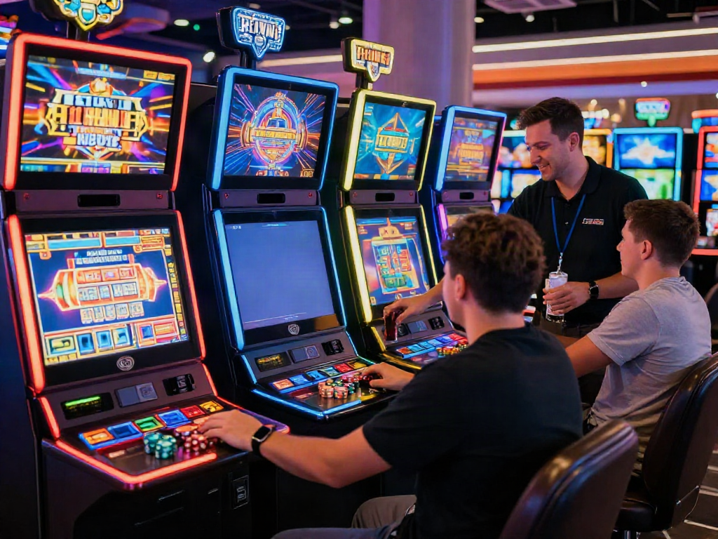 Area permainan slot yang cerah dan penuh warna dengan pemain yang berinteraksi, menciptakan suasana kasino yang menyenangkan.