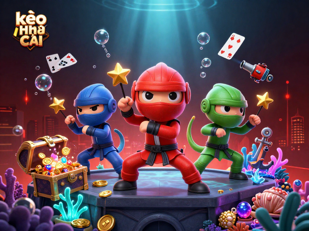 Synchronized martial arts poses by kèo nhà cái ninja chameleons amidst vibrant casino treasures and underwater elements.