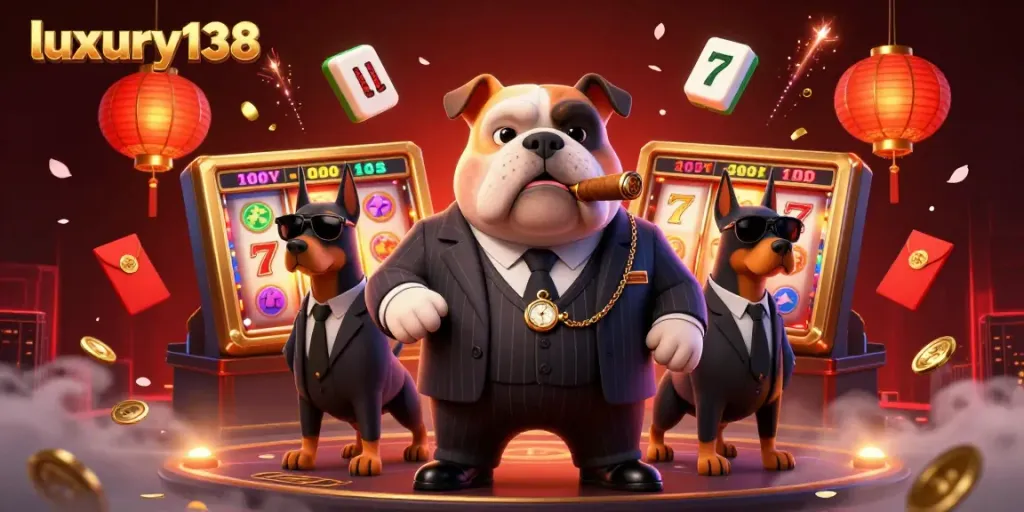 Engage with luxury138's vibrant casino scene featuring a mafia bulldog amidst spinning slot reels and festive elements.