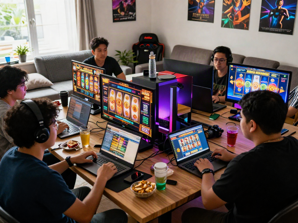 Excited players engaged in slot gacor games at home, surrounded by vibrant visuals and snacks.