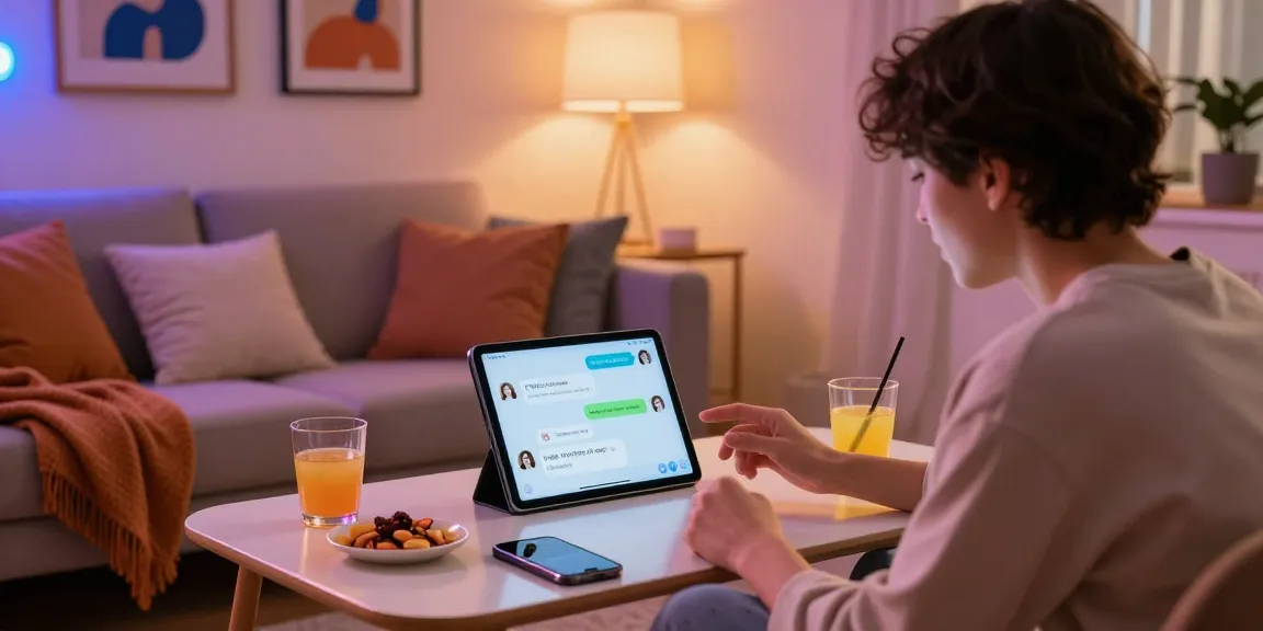 Engaging scene of NSFW AI chat on a tablet, cozy living room setup