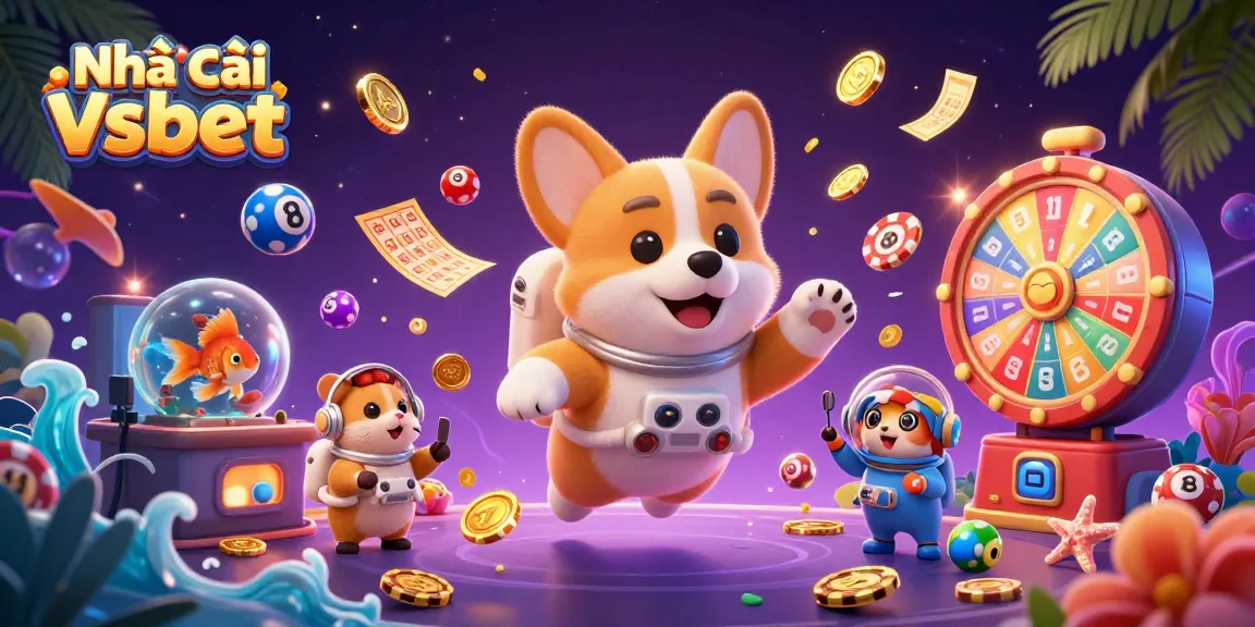 Experience fun gaming at Nhà cái Vsbet with vibrant lottery balls, a cheerful astronaut corgi, and dynamic casino games.