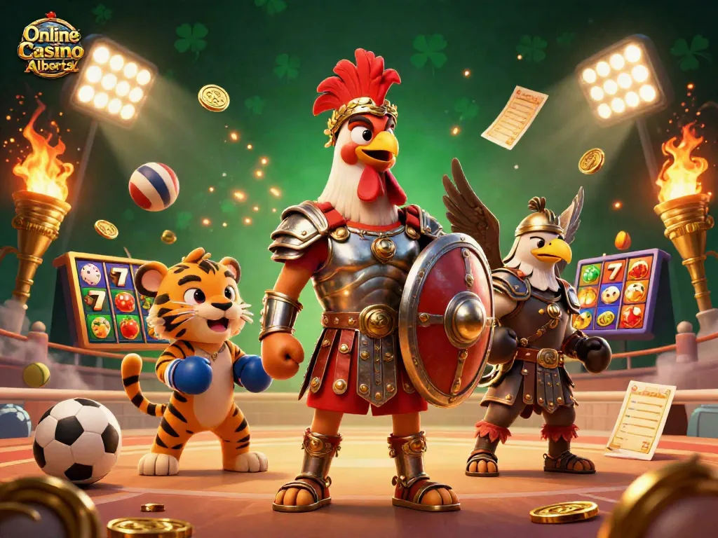 Engage with thrilling games at Online Casino Alberta, featuring playful characters and vibrant casino elements.