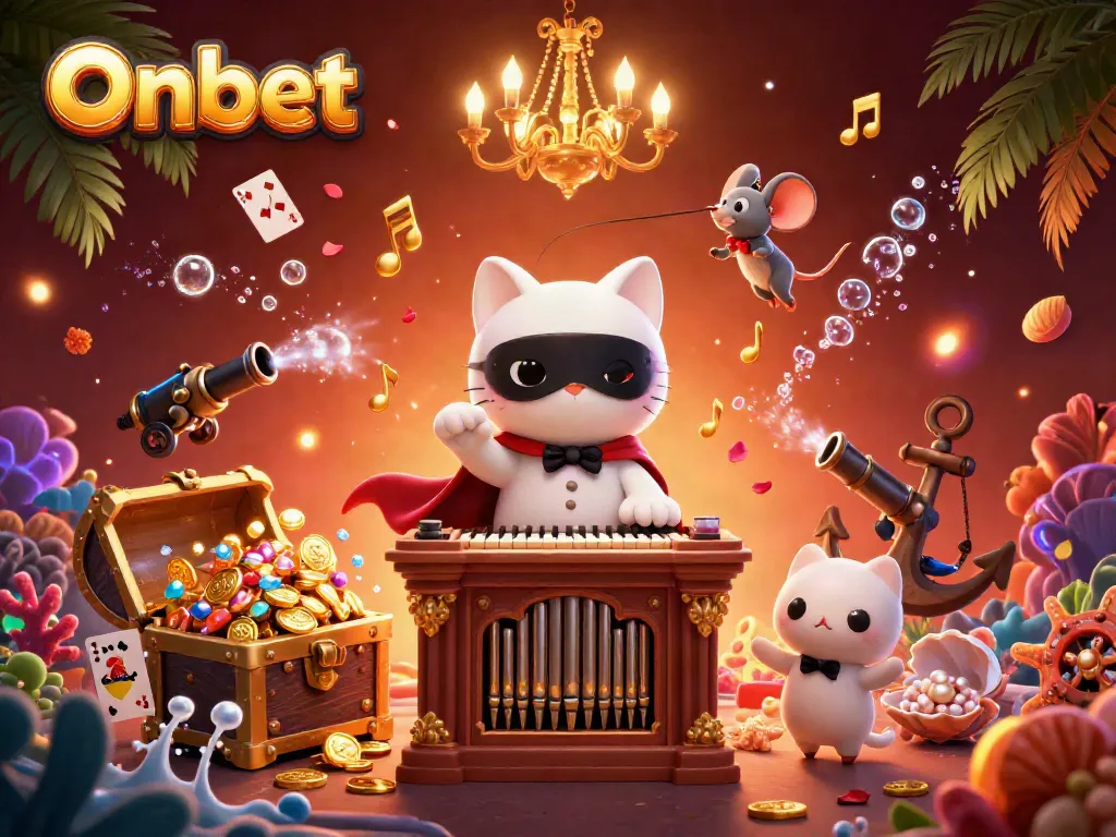 Experience thrilling games at Onbet with a dynamic casino scene featuring a phantom cat and lively characters.
