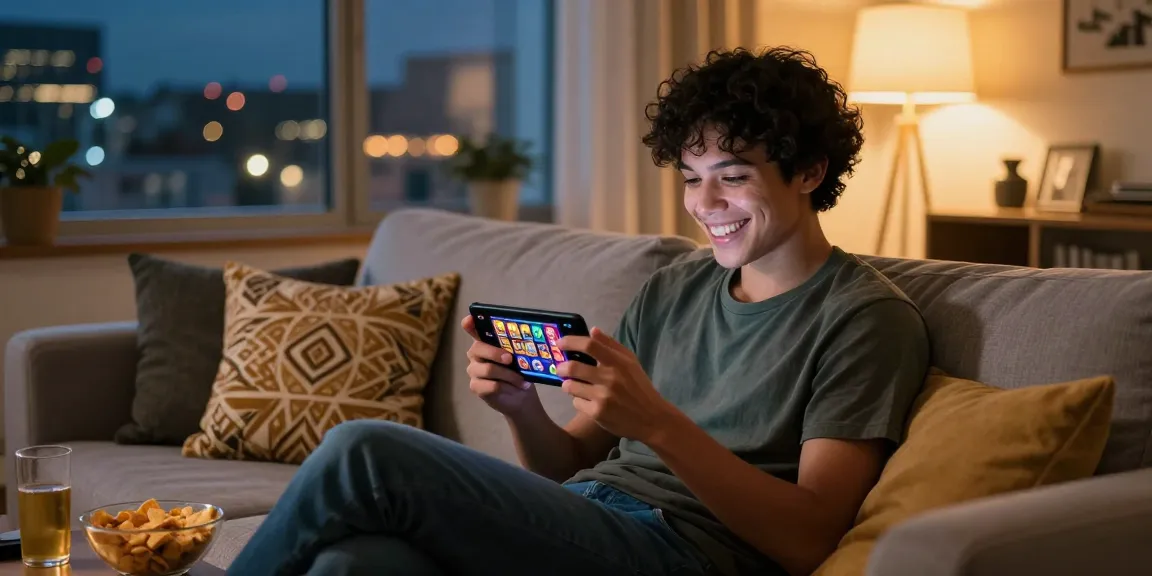 Engaging mobile gaming scene featuring earning games with player immersed in colorful slots.