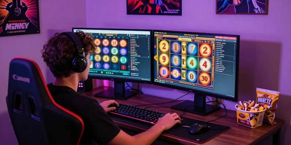 Player immersed in slot online games at home, vibrant gaming setup.