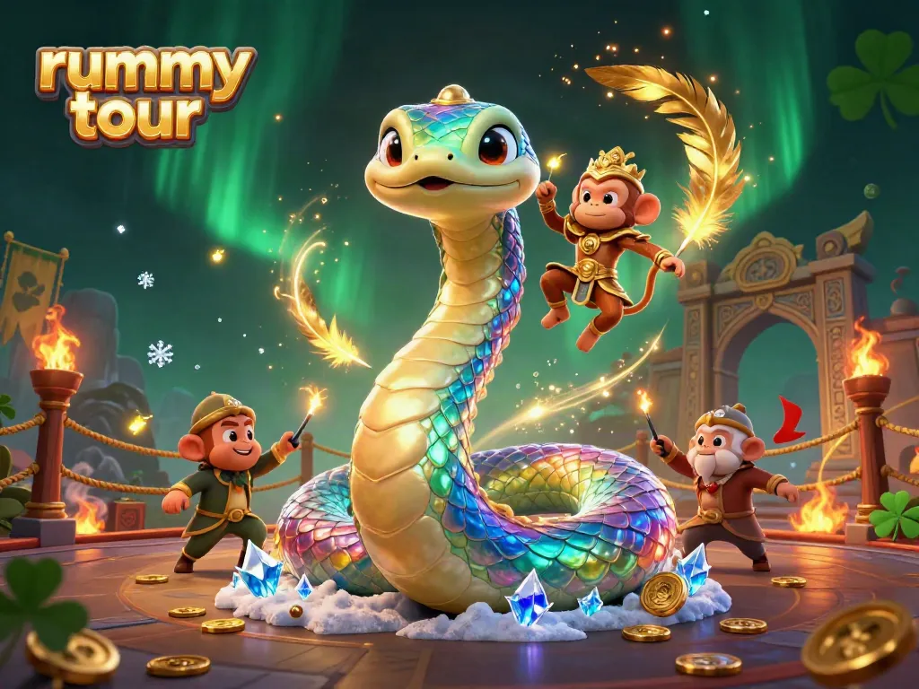 Mainkan rummy tour dengan ilustrasi 3D dari ular pelangi dan raja monyet di arena, dikelilingi koin emas.