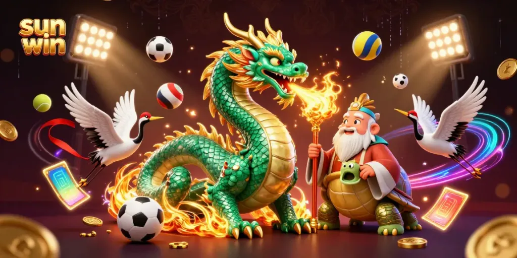 Experience the excitement of sun win with a dynamic casino scene featuring a jade dragon, lucky cranes, and golden elements.