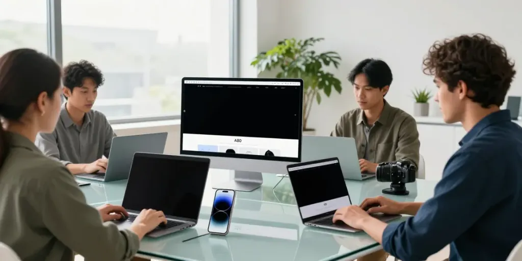 The A80 website featured in a modern tech workspace with professionals collaborating.
