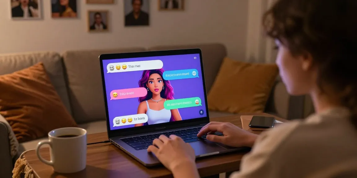 Engaging in lively nsfw ai chat with vibrant virtual character on laptop in cozy environment.
