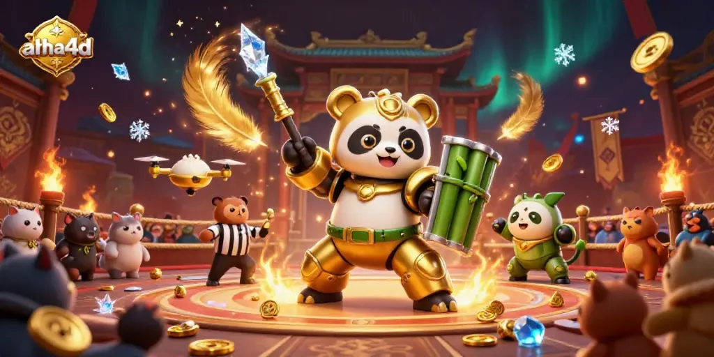 Gambarlah permainan slot di AHHA4D dengan panda emas dan robot yang seru.