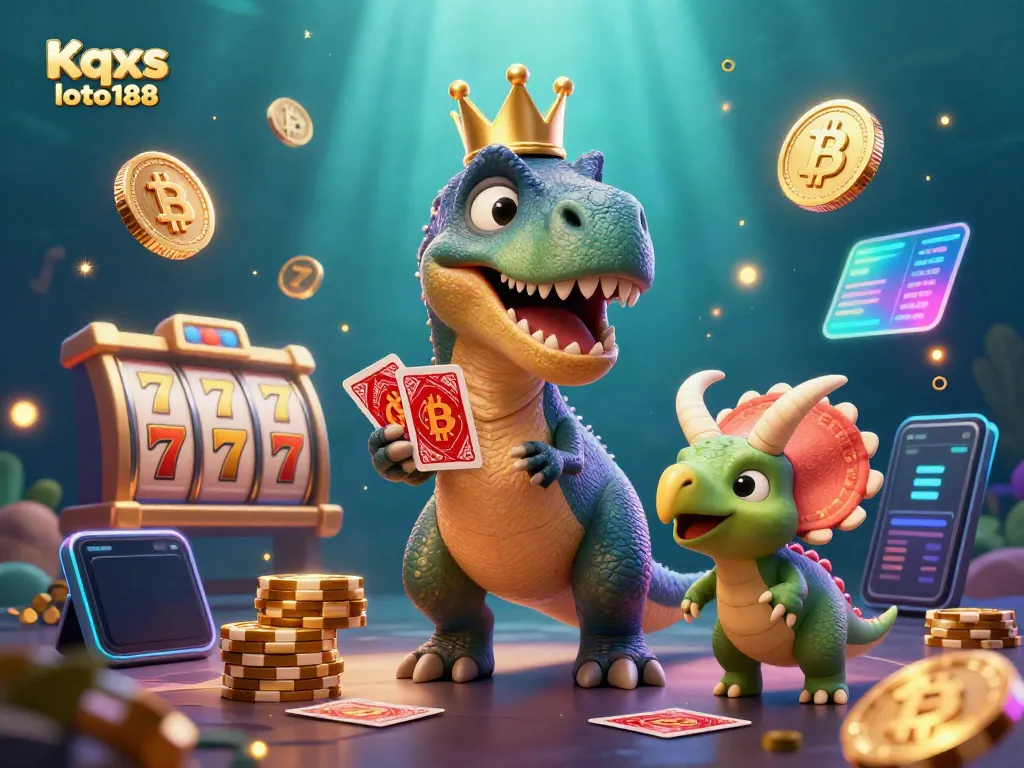 Kqxs loto188 captivates players with a lively lottery scene featuring a T-Rex, pterodactyl, and triceratops in a vibrant casino environment.