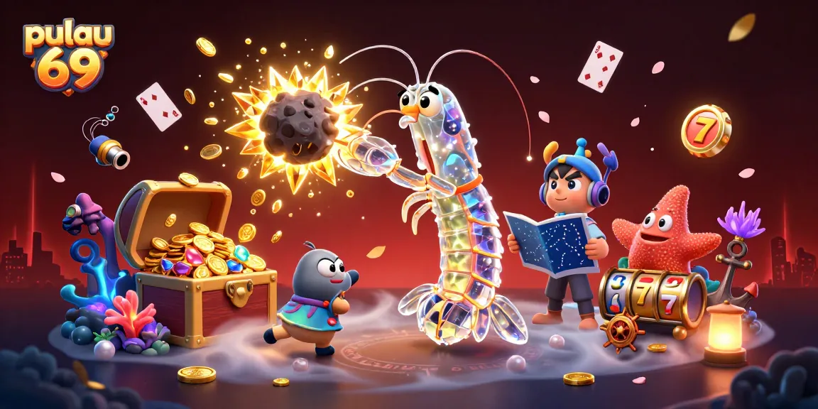 Experience pulau 69 action with a vibrant cartoon scene featuring samurai shrimp and treasure!