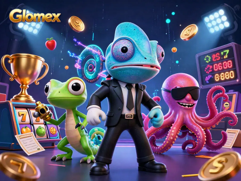 Glomex showcases a vibrant casino scene with chameleons, gadgets, and slot reels in action.