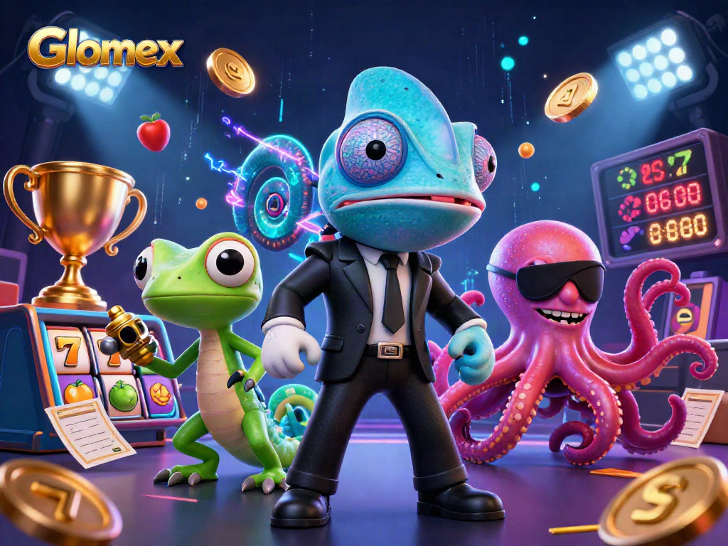 Glomex showcases a vibrant casino scene with chameleons, gadgets, and slot reels in action.