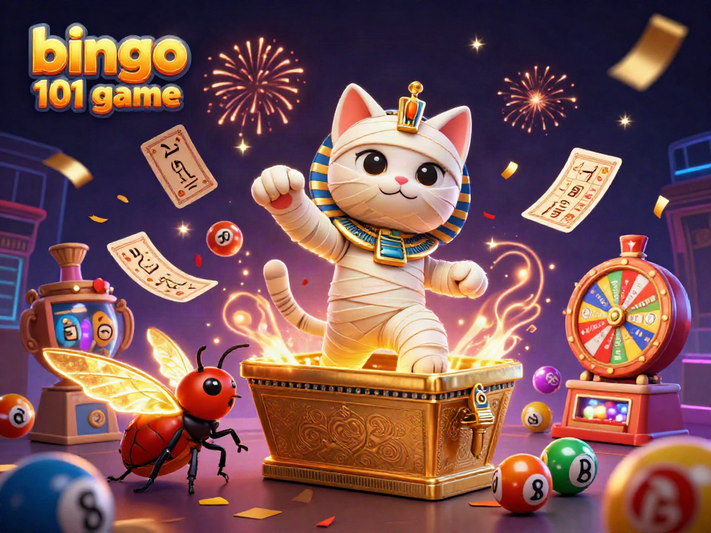 Permainan bingo 101 menampilkan kucing mummy dan mainan keberuntungan dalam suasana kasino bernuansa kasino.