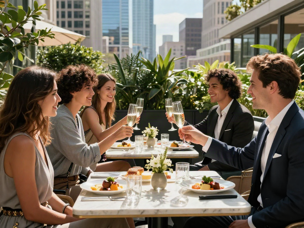 Pengalaman gaya hidup LUXURY 111 dengan brunch mewah di teras elegan di tengah kota.