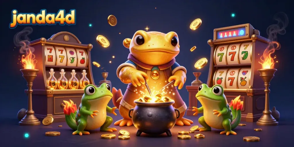 Ilustrasi 3D janda4d menampilkan alkemis salamander emas dengan karakter permainan slot untuk menarik pemain.