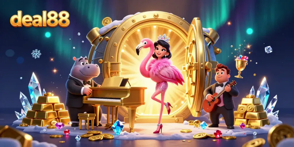 Experience the excitement of deal88 with vibrant casino characters in a dazzling illustrative scene.