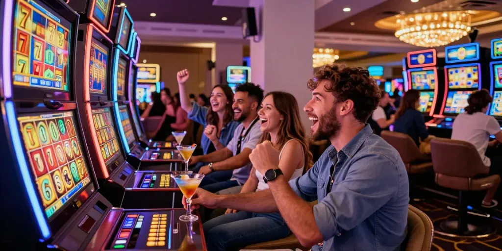 People celebrating at a casino while playing Lucky777 slot machines.