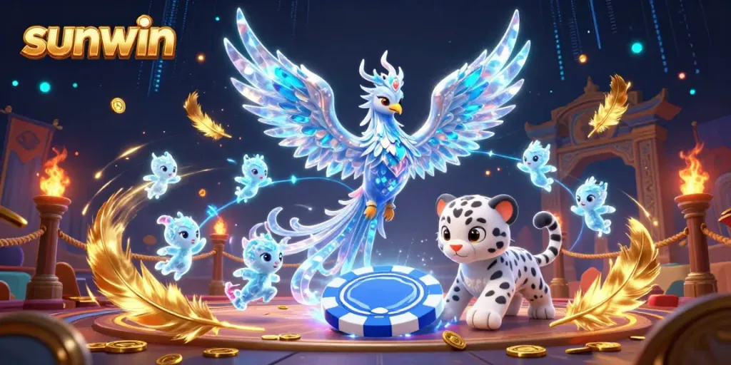 Experience exciting casino gameplay with sunwin, illustrated by a vibrant ice phoenix and playful elements.