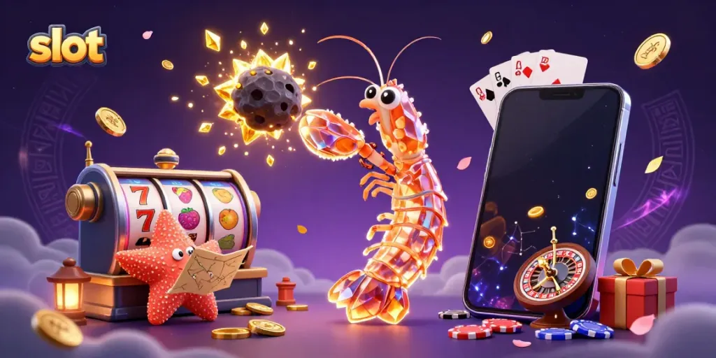 Experience thrilling slot action with a galactic mantis shrimp in crystalline armor exploding gems and coins.