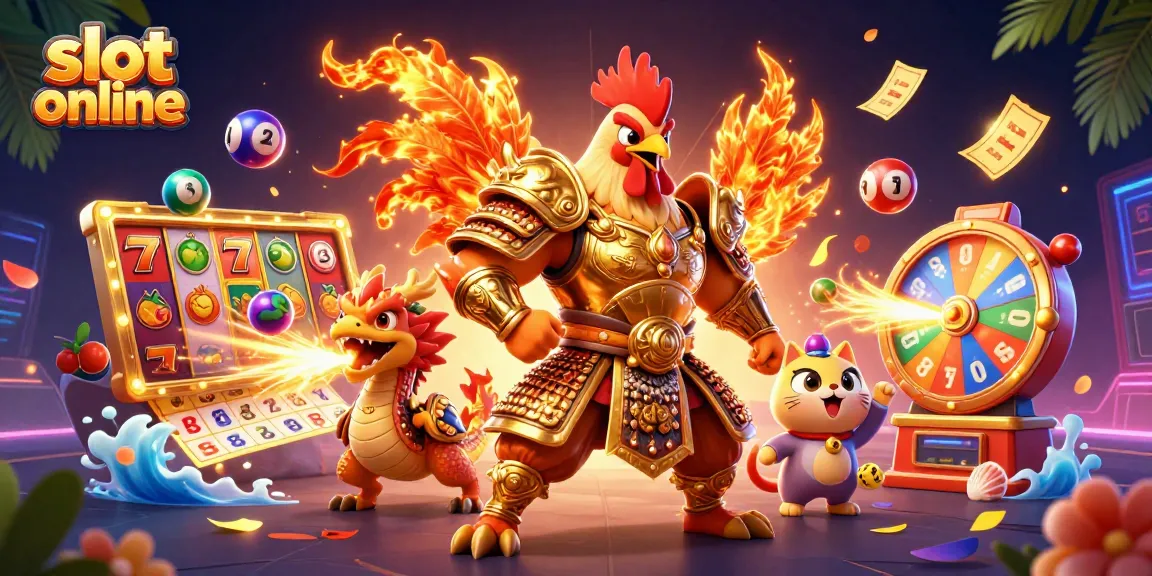 Spin to win at slot online with a dynamic scene of a rooster warrior, dragon, and fortune cat!