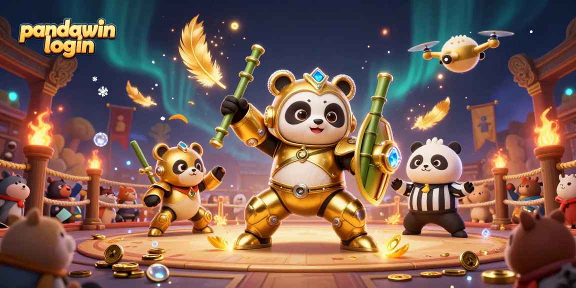 Experience the excitement of pandawin login with a golden panda in a vibrant casino arena.
