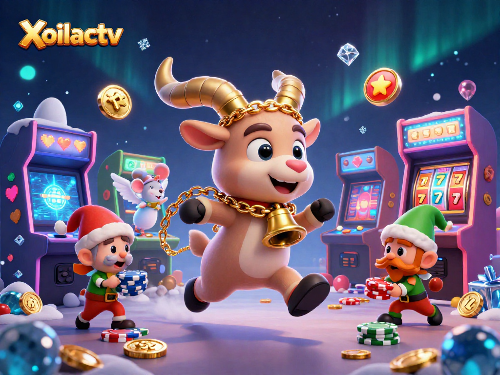 Xoilactv showcases a lively casino environment with a cartoon Krampus goat, angel mouse, and elf gremlins interacting amidst vibrant gaming elements.