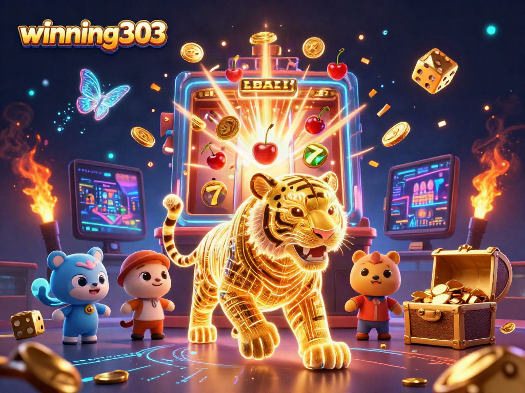 Experience the thrill of winning303 with a vibrant digital casino scene featuring a golden tiger and high-energy gameplay.