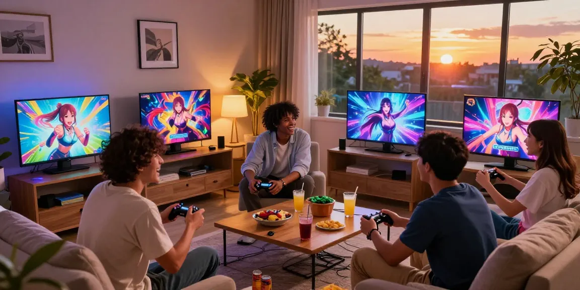Friends joyfully playing hentai games together in a vibrant living room.