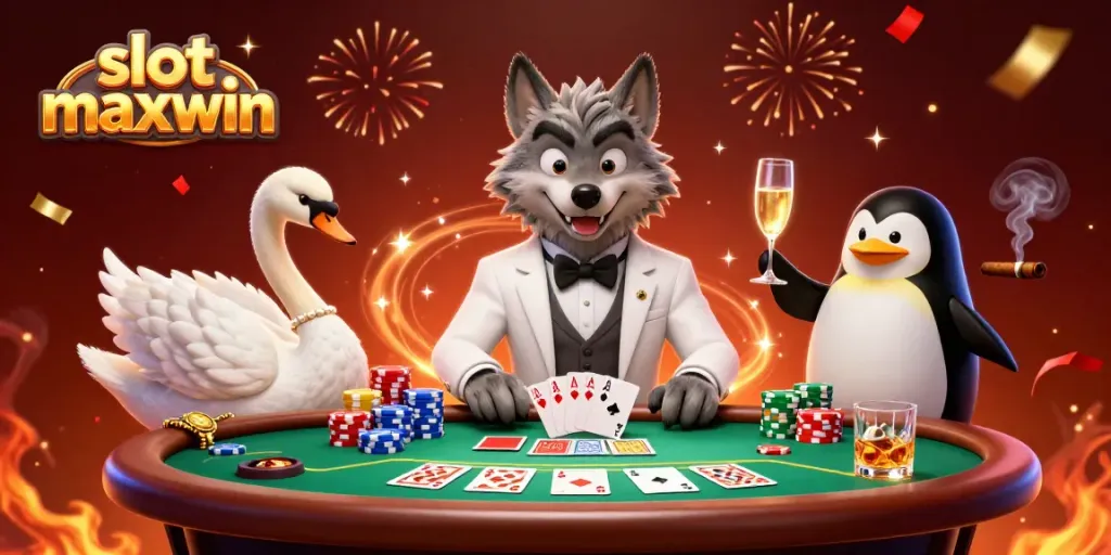 Ilustrasi slot maxwin yang memukau dengan karakter unik dan elemen kasino yang mengesankan.